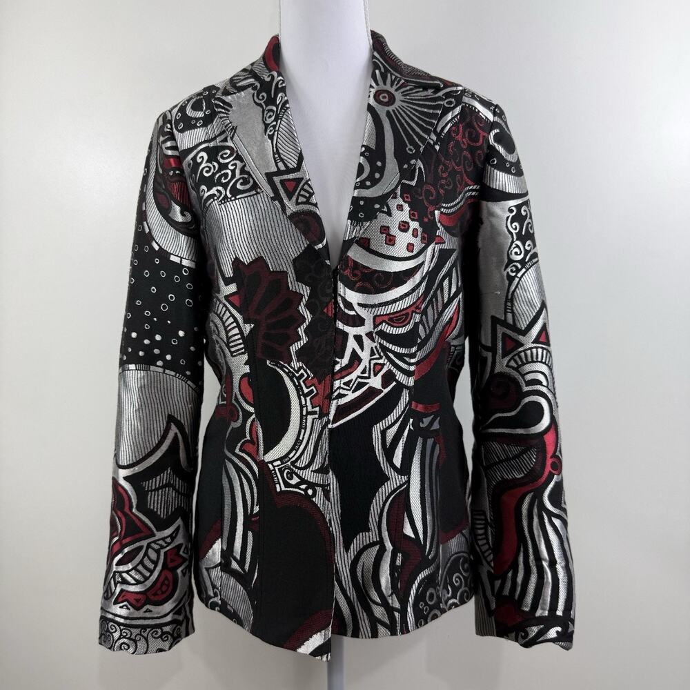 Chico's Geo Print Silver Black Red Metallic Shimmery Jacket Size 0 (4/S) Pop Art